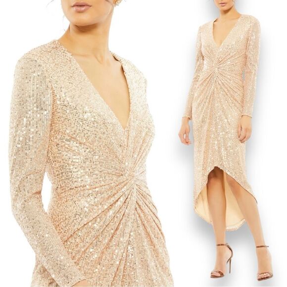 Mac Duggal Dresses & Skirts - Ieena Mac Duggal Dress WMNS 16 Gold Sequin Knotted Long Sleeve Midi 26549 Plunge